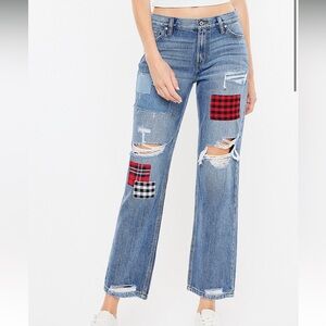 KanCan Non-Stretch High Rise Plaid Patch Jean
